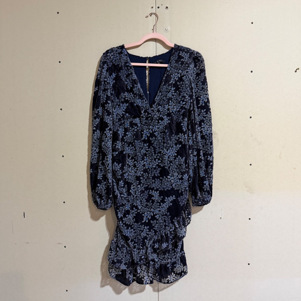 FORE Blue Floral Burnout Velvet Ruched Mini Dress Long Sleeve V-Neck Size M